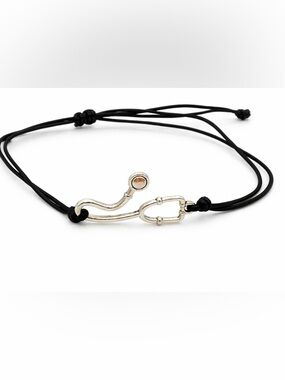 Adjustable Black Cord Bracelet with Silver Stethoscope Charm